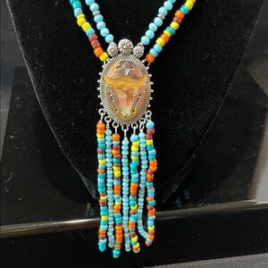 Justin Boots Turquoise and Orange Beaded Necklace with Silver Pendant